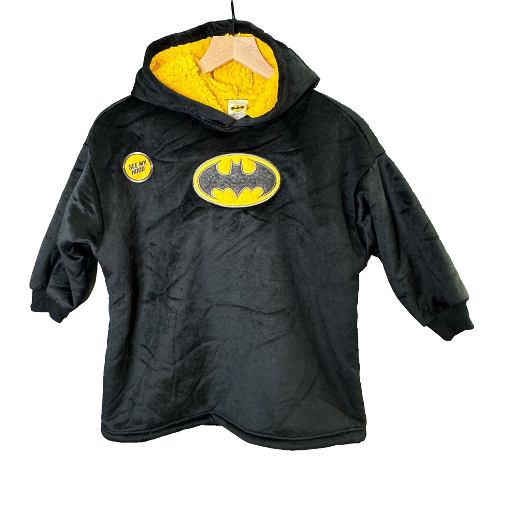 Batman Kids Boys‎ Black Yellow Pullover Hooodie Size 3-7 Fleece Embroidered